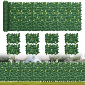 OUSHENG Artificial Ivy Fence Privacy Screen with Flowers, 132x39in(31sqft) Decorative Cover UV-Anti Faux Vine Leaf Grass Wall, Hedges Greenery Backdrop for Outdoor Backyard Balcony Wedding Decor