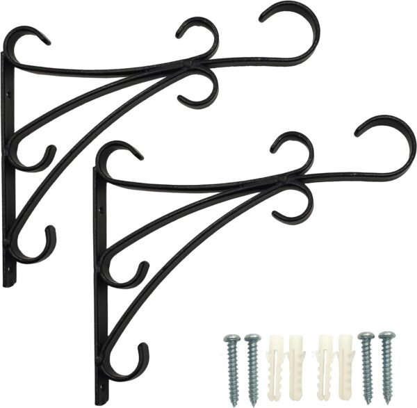 OUTOUR Graceful Iron Heavy Duty 12" Plant Hook 2 Pack Planter Hanger Bracket for Hanging Wall Garden Decoration Patio Lawn Yard Backyard Indoor Outdoor Decor Home Balcony Hall Porch, Matte Black