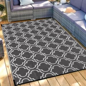 Ompaa Outdoor Plastic Straw Rug for Patio Waterproof, 6x9 Large Reversible Portable Outside Porch Rugs Carpet for Camping Picnic Mat, RV, Backyard, Balcony, Deck, Grey & White