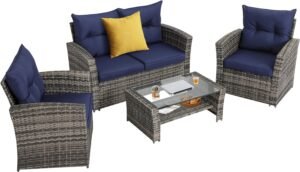 Outdoor Conversation Sets 4-Piece Wicker Rattan Sectional Sofa, Outside Patio Furniture with 2-Tier Glass Coffee Table for Balcony (4-Navy)