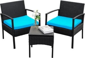 Outdoor Furniture 3 Piece Patio Conversation Bistro Set, Balcony Furniture Outdoor Patio Chairs Set with Side Table, Rattan Patio Set for Garden Porch Yard, Blue