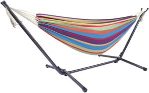 Outdoor Hammock, Black Steel Pipe Hammock Frame with Polyester-Cotton Hammock, Natural Rope Steel Hammock Set, Suitable for Camping, Beach, Travel and Indoor Use