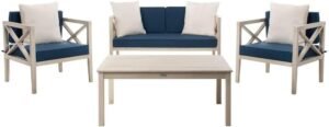 Outdoor Living 4 Piece Set- White/Navy Blue Beach Modern Contemporary Urban Rectangle Eucalyptus Foam Cushion Included