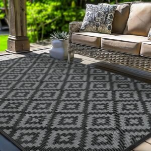 Outdoor Patio Plastic Straw Rug - Outdoor Rugs Waterproof Reversible Clearance Portable for Camping, RV Large Rug Outside Porch Mat Balcony Patio Carpet, Patio Decor (4'x 6', Black & Grey)