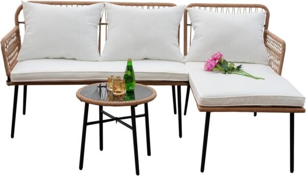 Outdoor Patio Rope Woven Furniture Set of 3,Boho Woven Balcony Furniture Right Left L-Shaped Conversation Sofa Set for Backyard,Porch,Detachable Lounger with White Thickness Cushions, Side Table