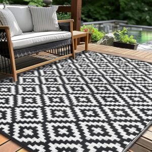 Outdoor Patio Rug Waterproof Camping - 5x8 ft Outdoor Rugs Outdoor Carpet, Plastic Straw Area Rug for Patios Clearance RV, Outside Porch Rug Balcony Deck Rug for Camper, Black and White