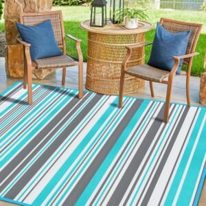 Outdoor Patio Rug Waterproof Camping - Outdoor Rugs Carpet, Plastic Straw Area Rug for Patios Clearance RV, Outside Porch Rug Balcony RV Rug Deck Rug for Camper, Blue and Grey 4x6 ft