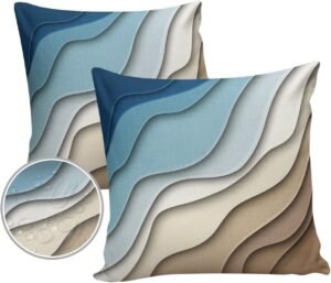 Outdoor Pillows 18x18 Waterproof Outdoor Pillow Covers, Ombre Stripes Blue Brown Polyester Throw Pillow Covers Garden Cushion Decorative Case for Patio Couch Decoration Set of 2, Abstract Striped