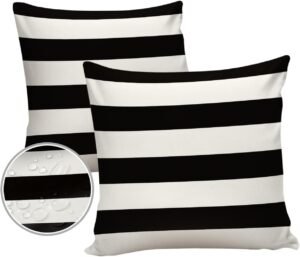 Outdoor Pillows 24x24 Waterproof Outdoor Pillow Covers, Black White Stripes Polyester Throw Pillow Covers Garden Cushion Decorative Case for Patio Couch Decoration Set of 2, Geometric