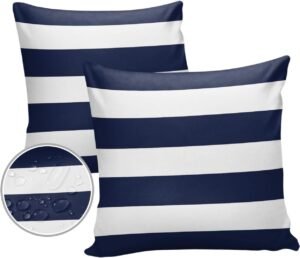 Outdoor Pillows Navy Blue White Stripes Waterproof Outdoor Pillow Covers Geometric Simple Summer Polyester Throw Pillow Covers Garden Cushion Decorative Case for Patio Couch Decoration Set of 2