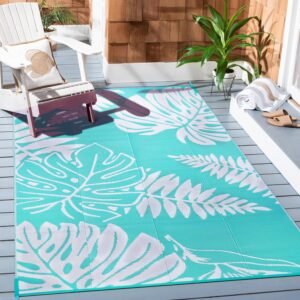 Outdoor Plastic Straw Rug Leaf Waterproof Indoor Blue Outdoor Patio Rug 5x8 Carpet Tropical Reversible Mat Teal Washable Large Outside Area Rug for Camping RV Porch Deck Balcony Beach