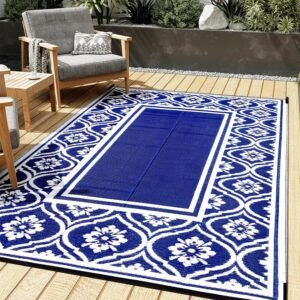 Outdoor Plastic Straw Rug, Waterproof Outdoor Rugs for Patios Clearance, Reversible Area Rug, Large Outside Carpet for Camping, Balcony, RV, Deck, Picnic, Beach (5x8ft Lantern/Blue&White)