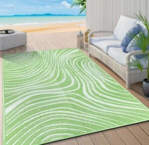 Outdoor Rug 5' x 8' Patio Waterproof Rug, Wave Reversible Outdoor Plastic Straw Rug, Indoor Outdoor Area Rug for Patio, RV, Camping, Picnic, Backyard, Deck, Balcony, Porch, Beach, Green