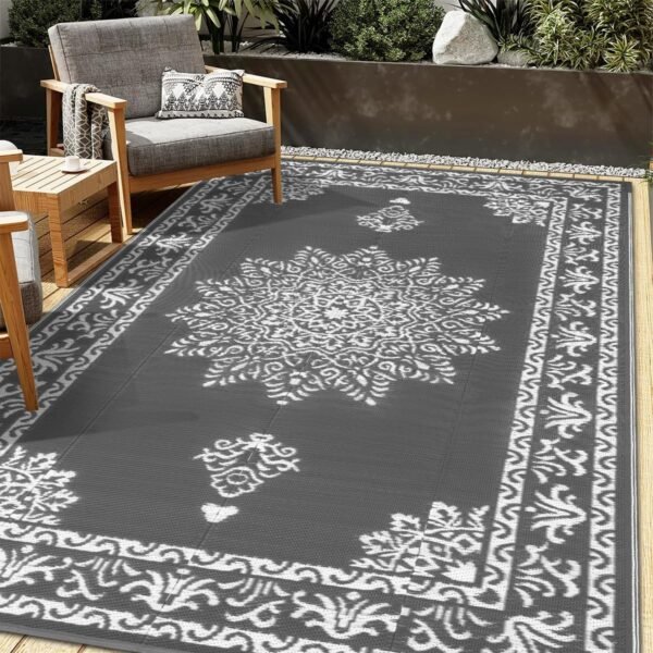 Outdoor Rug 6x9 Ft Waterproof Straw Area Rug for Patio, Reversible Plastic UV Resistant Portable RV Camping Carpet, Bohemian Indoor Outdoor Rug for Porch, Deck, Balcony, Dark Grey&White