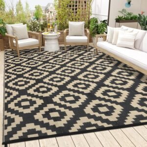 Outdoor Rug 9x12 Waterproof Reversible Rug Plastic Straw Rug for Patios, Decks, Porch, Camper, Balcony, Backyard, Picnic and RVs - Modern Washable Rug Indoor Outdoor Carpet Beige Black Square