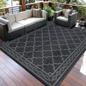 Outdoor Rug Carpet Waterproof 8x10 ft Reversible Patio Rug Moroccan Print Camping Rug Plastic Straw Rug Geometric Rv Mat for Camping Picnic Backyard Deck Balcony Porch Beach, Black&Grey