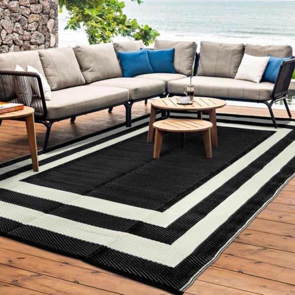 Outdoor Rug Carpet Waterproof Reversible Mats 6x9 ft Patio Rug RV Camping Rug, Plastic Straw Rug Area Rug for Balcony Picnic Beach(Black and White)