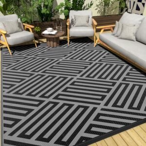 Outdoor Rug Waterproof 5x8ft, Plastic Straw Camping Rug, Reversible Indoor Outdoor Carpet Patio Rug, Area Mats for RV, Picnic, Backyard, Deck, Balcony, Black & Grey