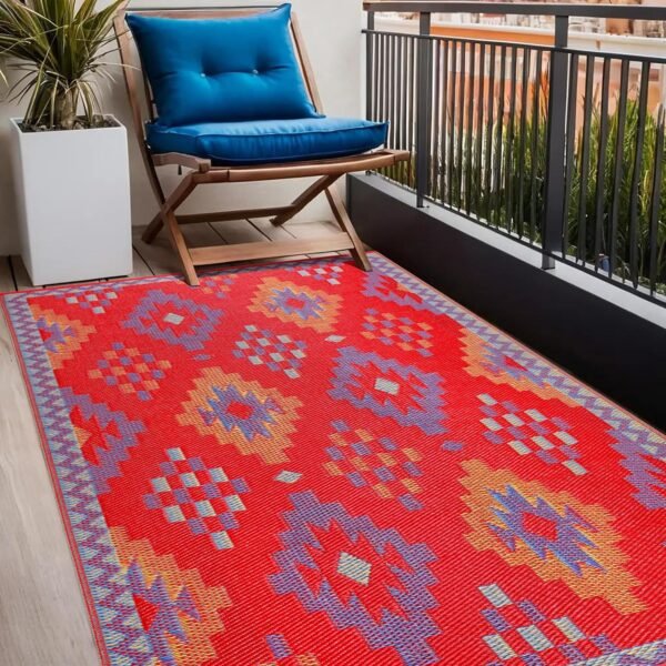 Outdoor Rug - Waterproof, Reversible, Crease Free, Washable, Fade Resistant - Premium Recycled Plastic Rugs for Patio, Porch, Deck, Balcony, Farmhouse - Sefa Red 4X6 ft Area Rug