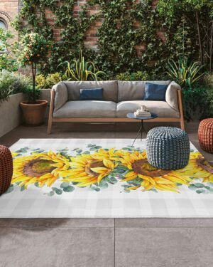 Outdoor Rug Waterproof Spring Flower Eucalyptus Sunflower 4x6 Feet Outdoor Plastic Straw Rug, Patio Rug, Indoor Outdoor Carpet, RV Mat Outside for Patio, Camp, Picnic, Balcony, Deck, Backyard