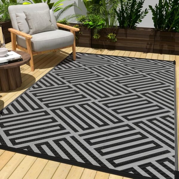 Outdoor Rug for Patios Waterproof - Reversible Rug - Plastic Straw Outdoor Patio Rug - Modern Geometric Outdoor Patio Carpet 4x6 ft for RV, Patio, Deck, Beach, Balcony, Camper, Porch