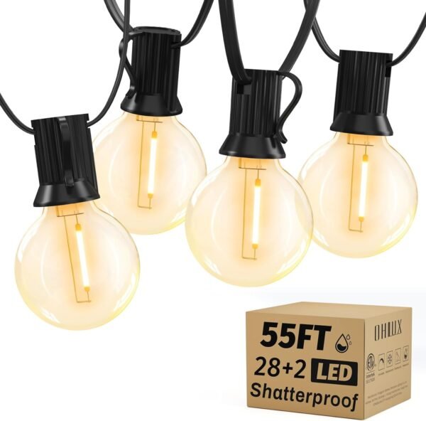 Outdoor String Lights,55FT Shatterproof LED Patio Lights with 30 Dimmable Plastic G40 Bulbs,2200K Waterproof Hanging Lights String,Connectable Outside Lights for Backyard,Cafe,Porch,Deck,E12 Base