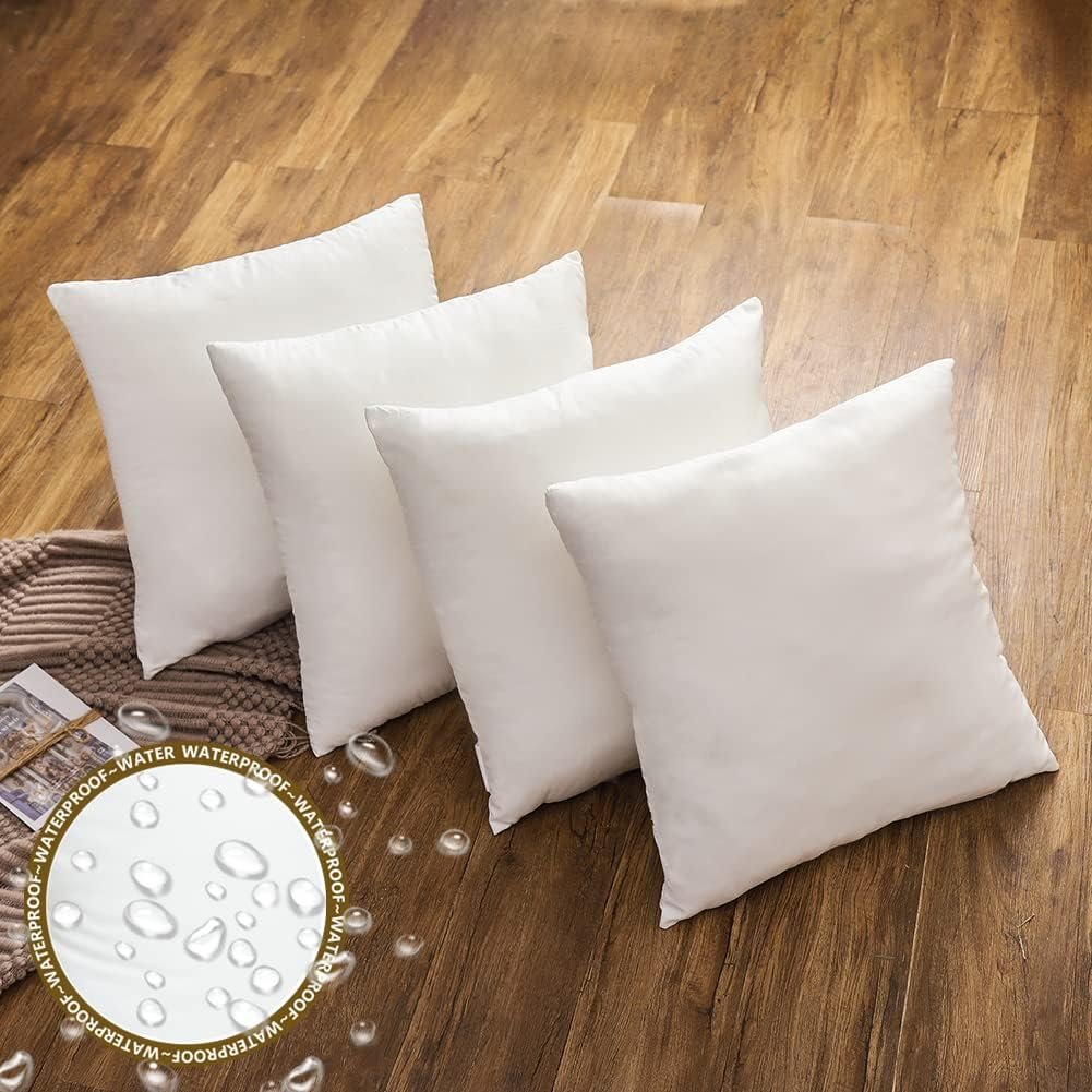 Outdoor Throw Pillow Inserts 18x18 Waterproof Set of 4 Premium Outdoor Throw Pillow Inserts 18x18 Waterproof Set of 4 Premium Water Resistant White Outdoor Pillows 18 x 18 for Patio Furniture Garden Chair and Porch Swing