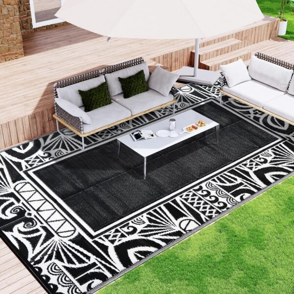 Outdoor Waterproof Patio Rug 6x9 Plastic Straw Reversible Lightweight Outdoor Area Carpet for Camping RV Picnic Backyard Deck Balcony Porch Beach Black and White Boho