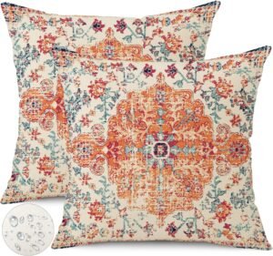 Outdoor Waterproof Pillow Covers 20X20 Inch Set of 2 Bohemian Vintage Carpet Pattern Pillow Covers Orange Blue Ethnic Design Decorative Farmhouse Pillow Covers for Couch Garden Balcony