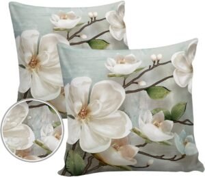 Outdoor Waterproof Throw Pillow Cover Farmhouse White Magnolia Flower Decorative Pillows Cushion Covers Abstract Floral Oil Painting Texture 2 Pack Pillow Cases for Patio Garden Balcony 16x16In