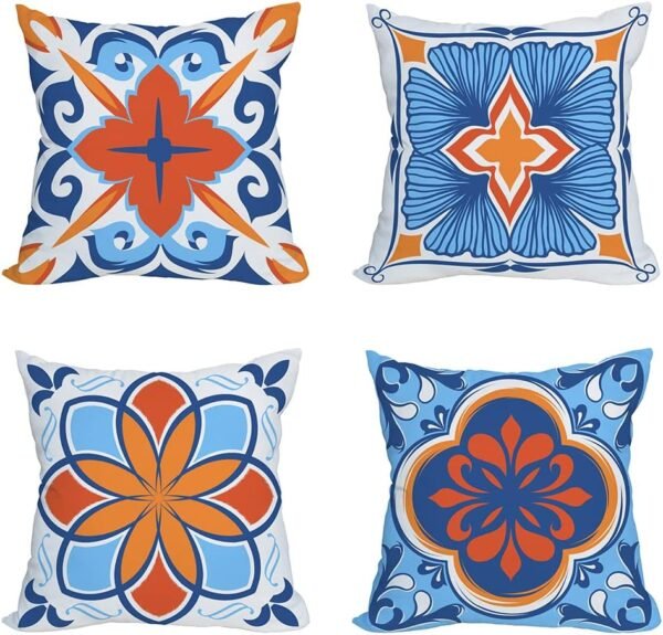 Outdoor Waterproof Throw Pillow Covers 24x24 inch Floral and Boho Style Decorative Pillow Covers Modern Geometric Pillowcase for Patio Funiture Garden Set of 4, Blue and Orange