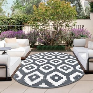 OutdoorLines Indoor Outdoor Rug for Patio 5 Feet - Reversible Outside Carpet, Stain & UV Resistant Portable RV Mat, Plastic Straw Rug for Camping, Pool Deck, Porch Diamond/Gray & White