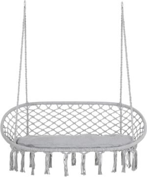 Outsunny 2-Person Hammock Chair Macrame Swing with Soft Cushion, Hanging Cotton Rope Chair for Indoor Outdoor Home Patio Backyard, Light Gray