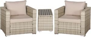 Outsunny 3 Piece Patio Furniture Set, PE Rattan Small Wicker Balcony Furniture, Table & Chairs with Cushions Composite Table, Conversation Set for Apartment, Gray