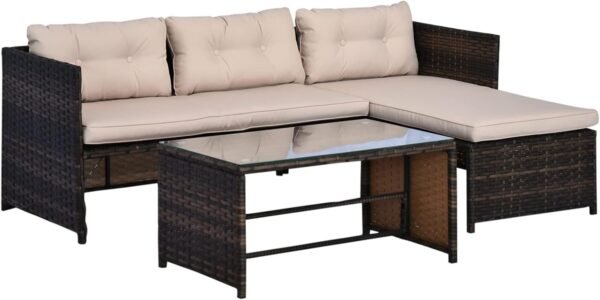 Outsunny 3 Piece Patio Furniture Set, Rattan Outdoor Sofa Set with Chaise Lounge & Loveseat, Soft Cushions, Tempered Glass Table, L-Shaped Sectional Couch, Beige
