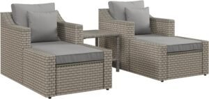 Outsunny 5 Piece Patio Furniture Set, All Weather PE Rattan Conversation Chair, and Ottoman Set with Coffee Table, Cushions & Pillows Included for Balcony, Porch, Deck, Pool, Lawn, Gray