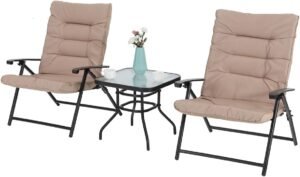 PHI VILLA 3 PCS Patio Bistro Set Outdoor Furniture Folding Chairs Set with Beige Cushions, 2 Adjustable Reclining Chairs & 1 Tempered Glass Coffee Table