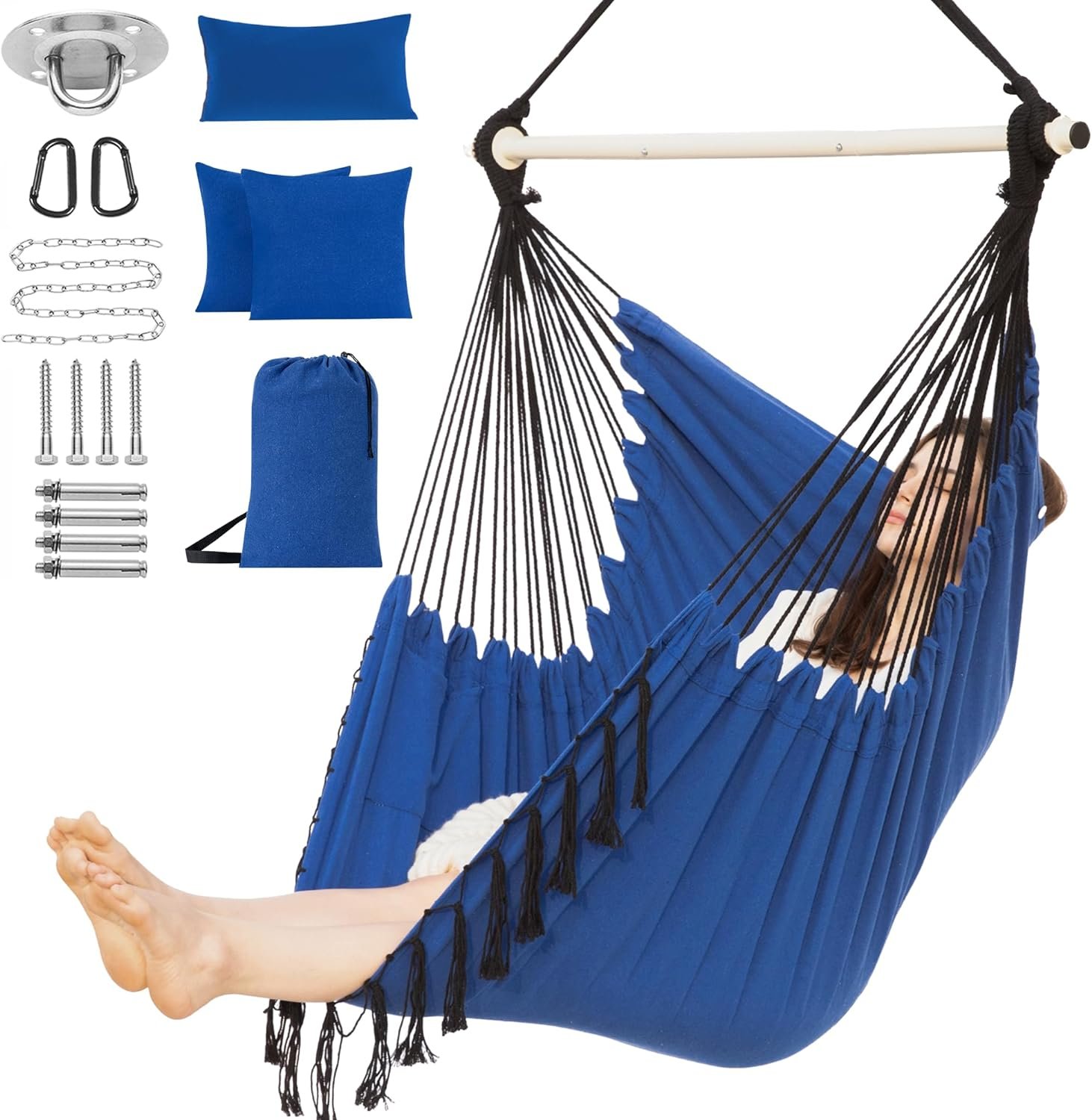 PNAEUT Hammock Chair XXL Size, Hanging Chair, Swing Chair, Max PNAEUT Hammock Chair XXL Size, Hanging Chair, Swing Chair, Max 550 Lbs, Patented Headrest, 2 Cushions, Large Macrame with Pocket, Steel Spreader, Hardware Kits and Bag for Indoor Outdoor (Navy)