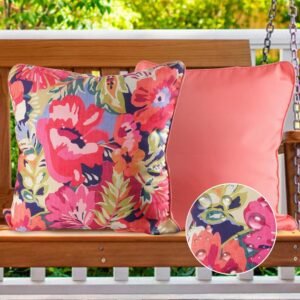 Pack of 2 Waterproof Outdoor Pink Flower Throw Pillow Covers 20 x 20 Inch Decorative Summer Pink Floral Print Indoor Pillow Covers for Sofa Couch Square Garden Cases for Patio Funiture Bench