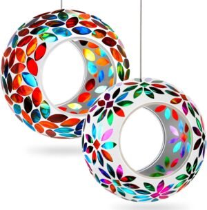 Patelai 2 Pcs Bird Feeder Mosaic Glass Hanging Bird Feeder Round Bird Feeder Fly Through Balcony Bird Feeder for Backyard Window Outdoor Garden Deck Porch Decorations, 6 Inch