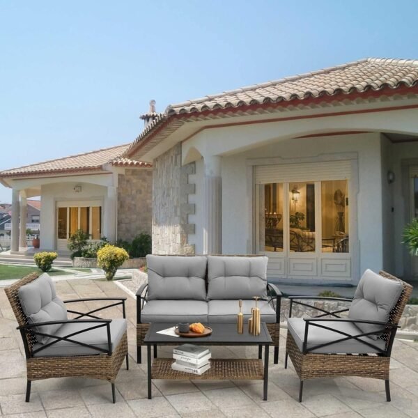 Patio Conversation Furniture Set 4 Pieces Outdoor Wicker Bistro Loveseat Chairs with Waterproof Cushions and Table Outside for Balcony Porch, Grey