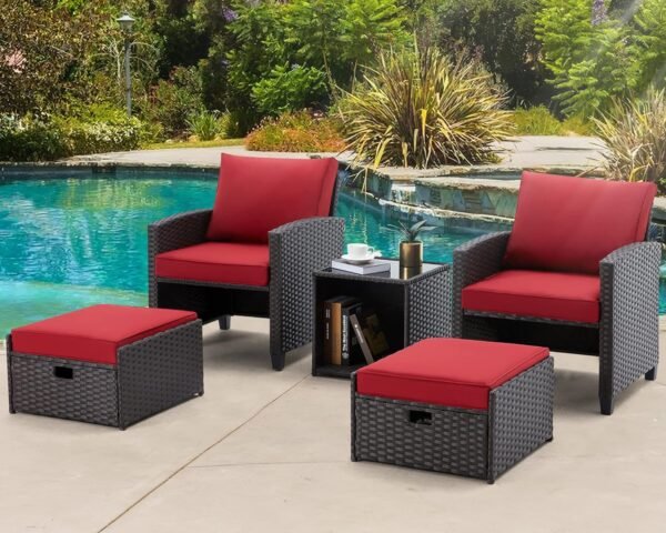 Patio Furniture Set, 5-Pieces Wicker Outdoor Sectional with Cushions, Wine Red, Includes Coffe Table and Ottomans, Furniture for Pool, Garden, Patio, Balcony