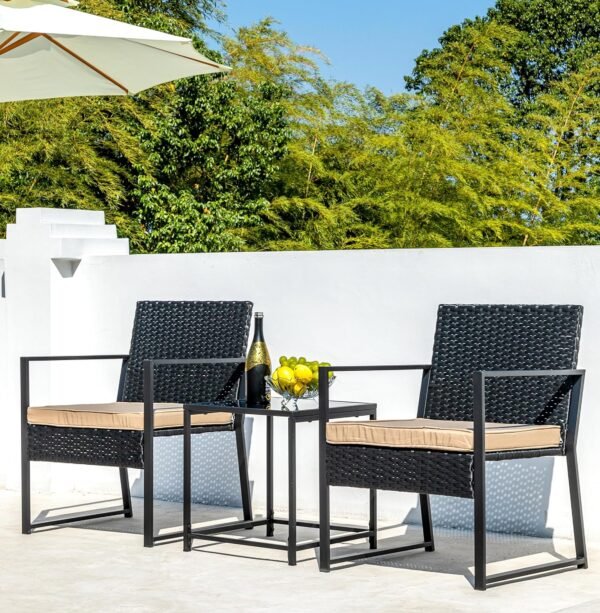 Patio Furniture Set,Wicker Bistro Set 3 Pieces Outdoor Furniture,Rattan Table and Patio Chairs Set for Balcony,Yard,Porch and Deck（Khaki