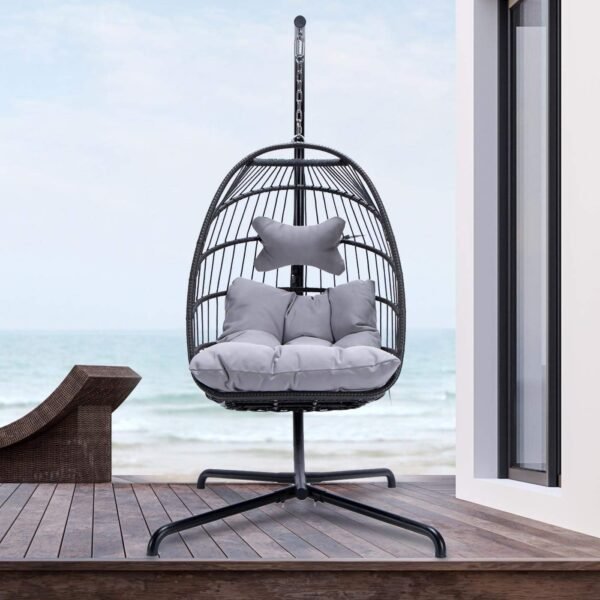 Patio Hanging Chair Swing Hammock Basket Egg Chairs UV Resistant Cushions with Aluminum Frame 350lbs Capaticy for Indoor Outdoor Backyard Balcony (Grey)