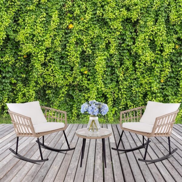 Patio Outdoor Boho Balcony Furniture Rocking Chairs Set,Wicker Rattan Small Patio Conversation Rocking Chairs and Glass Table,3 Piece Chat Set with Waterproof Cushions