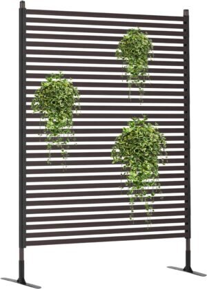 Patio Privacy Fence Screen, Outdoor Metal Slatted Decorative Privacy Screen and Panels Freestanding for Patio Divider, Brown Outdoor Privacy Screen with Stand, 71" H×35.4" W