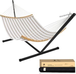 Patio Watcher 12 FT Double Quick Dry Hammock with Curved Bamboo Spreader Bar, Outdoor Patio Two Person Hammock with Portable Steel Stand,450 lbs Capacity, Beige White