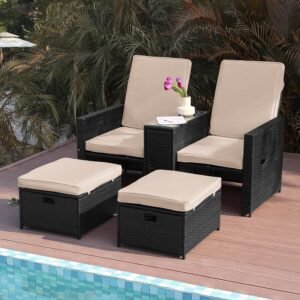 Patio Wicker Loveseat - Outdoor Rattan Sofa Set with Cushion - Adjustable Lounge Chair with Ottoman Footrest, Wicker Furniture for Garden, Patio, Balcony, Beach, Coffee Bar, Deck