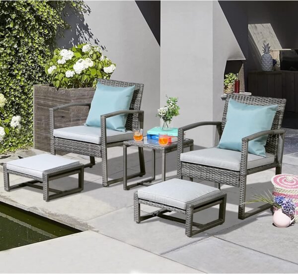 Patiorama 5 Piece Outdoor Patio Wicker Furniture Set, All Weather PE Rattan Chair and Ottoman Footstool Set, W/Coffee Table, Cushions (Light Grey) for Garden, Balcony, Porch, Space Saving Design