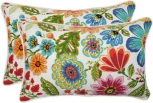 Pillow Perfect Bright Floral Indoor/Outdoor Accent Throw Pillow, Plush Fill, Weather, and Fade Resistant, Lumbar - 11.5" x 18.5" , Blue/Purple Gregoire, 2 Count